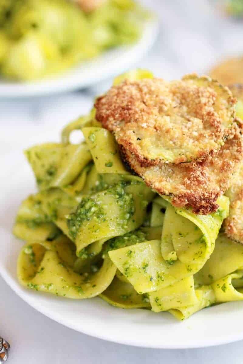 Fried Zucchini with Mint and Pistachio Pesto Pappardelle Pasta