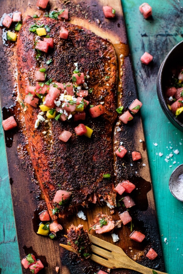 Cedar Plank Salmon with Watermelon Feta Salsa.