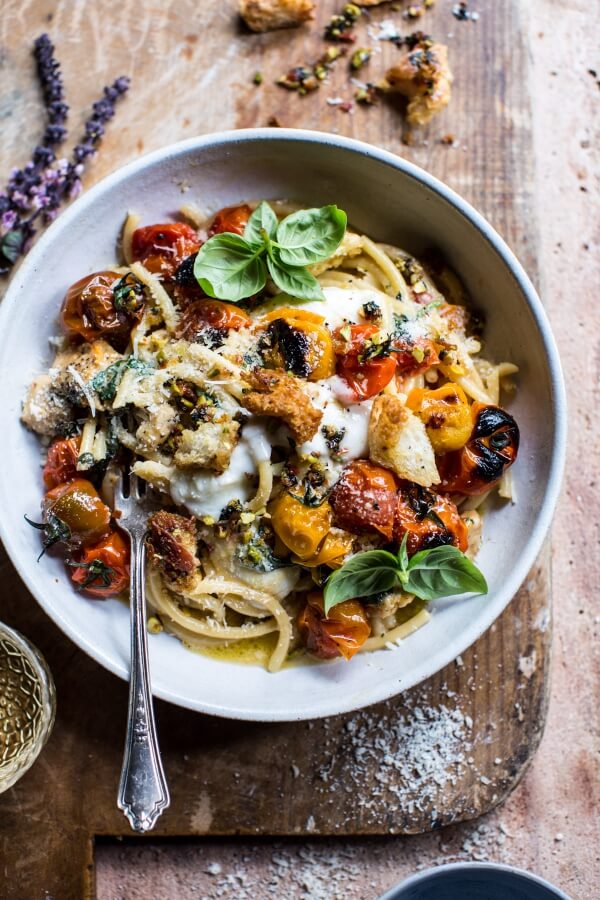 Charred Tomato Basil Chicken Florentine Pasta with Herb Butter Breadcrumbs.