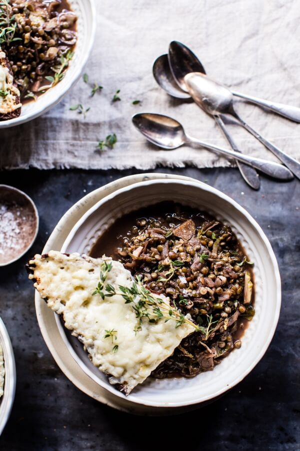 Caramelized Onion French Lentils and Cheesy Toast.