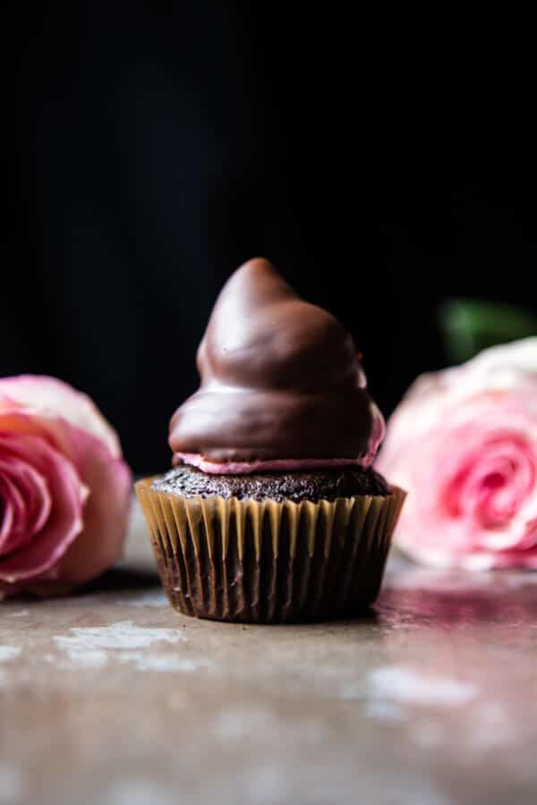 Valentine’s Surprise Chocolate High Hat Cupcakes.