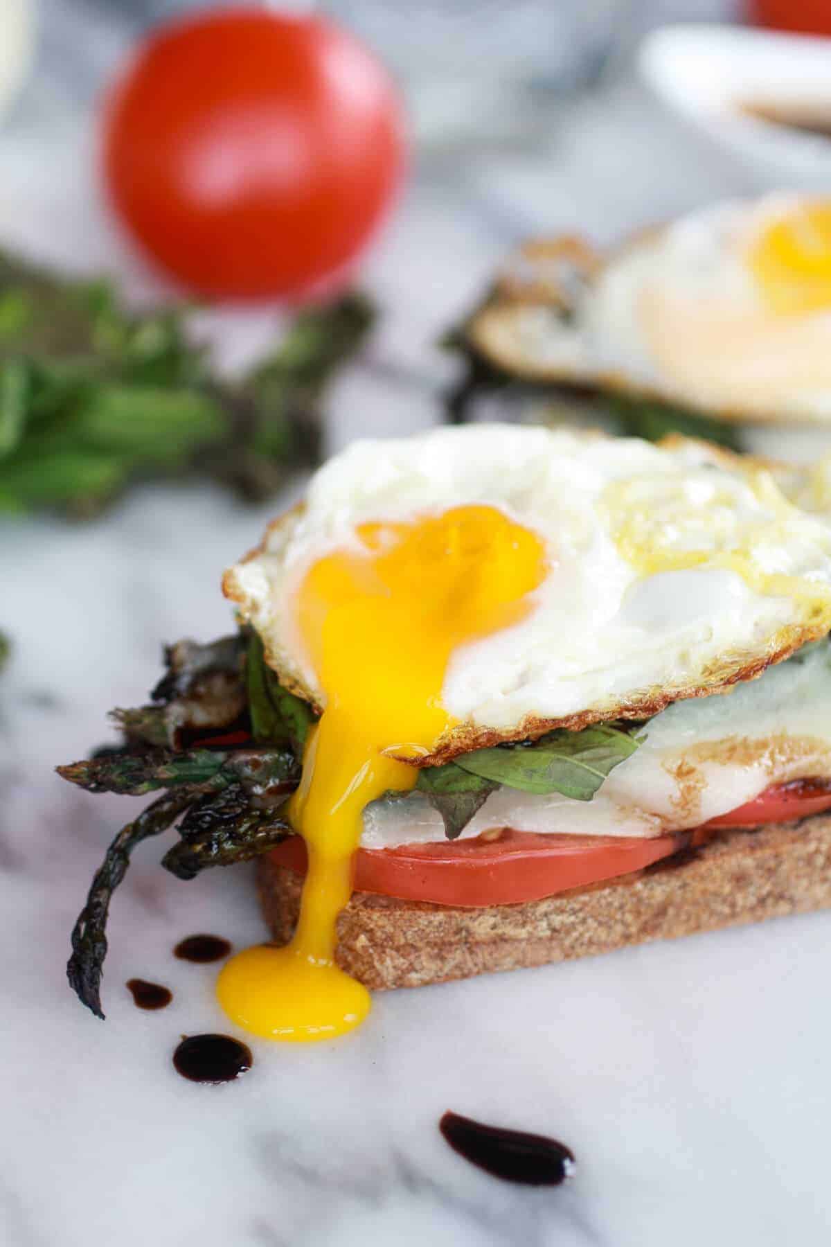 Roasted Asparagus Caprese Melt with Balsamic Drizzle and Fried Egg-1