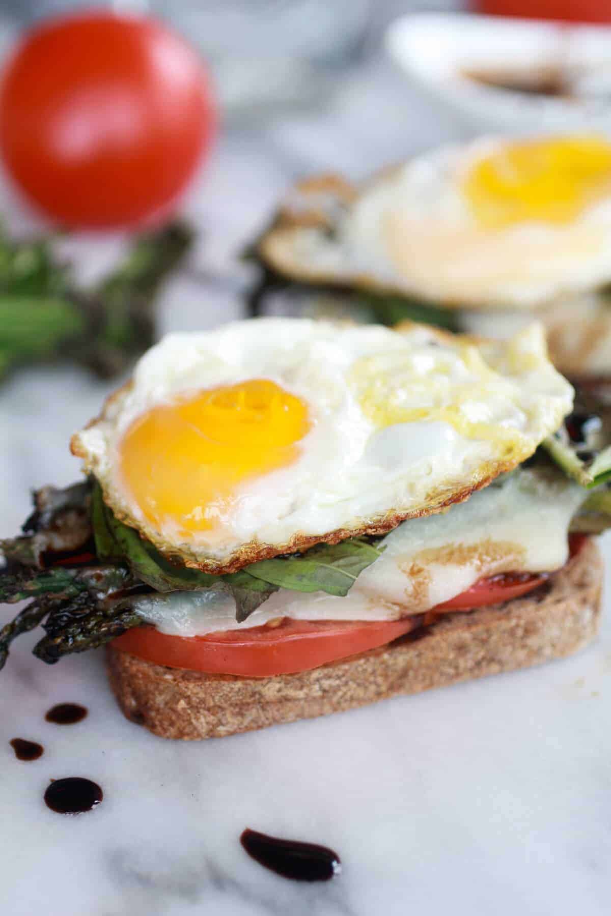 Roasted Asparagus Caprese Melt with Balsamic Drizzle and Fried Egg-5