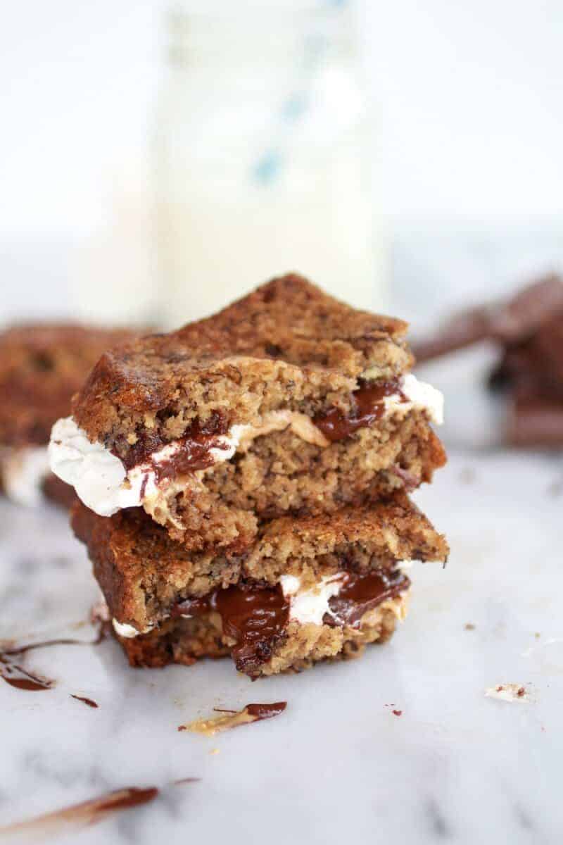 Grilled Banana Bread Peanut Butter S'More with Vanilla Marshmallows