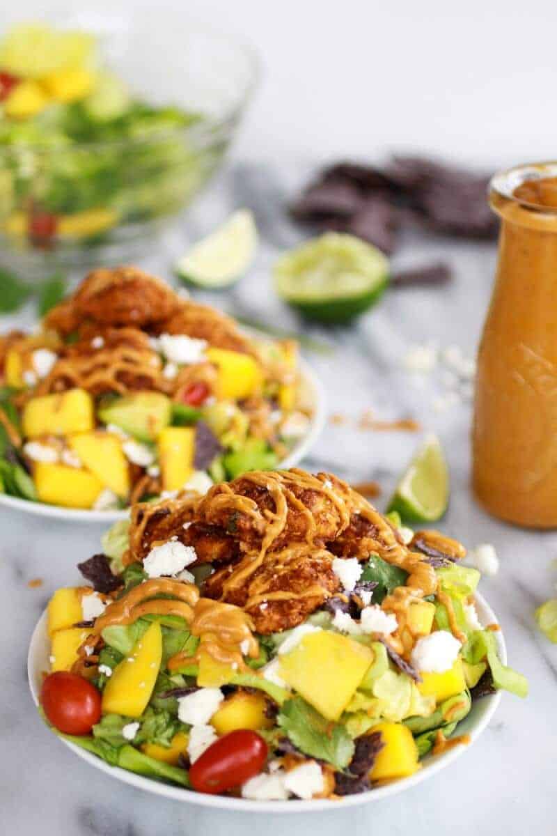 Tortilla Chip Crusted Chicken Salad with Avocado Chipotle Lime Dressing and Queso Fresco