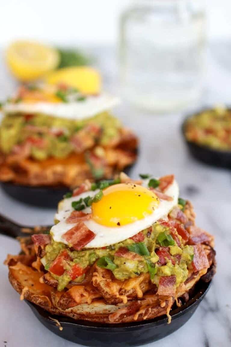 Cheesy Cajun Fries with Grilled Corn Guacamole, Bacon and Fried Eggs