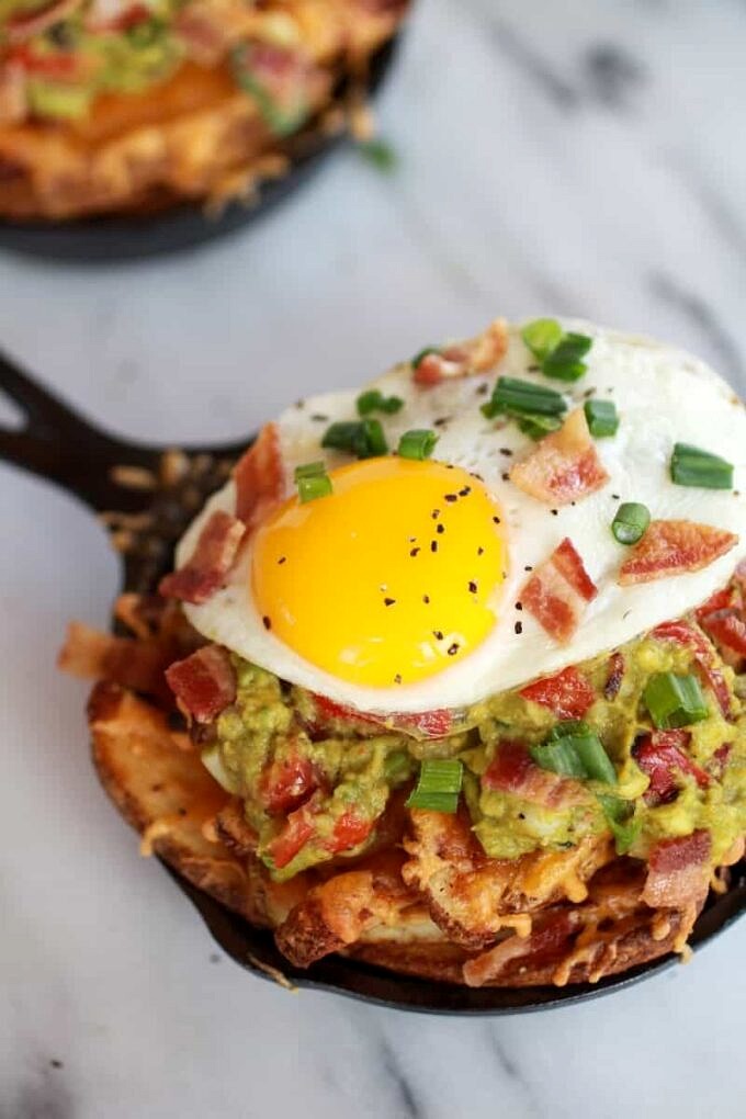 Cheesy Cajun Fries with Grilled Corn Guacamole, Bacon and Fried Eggs