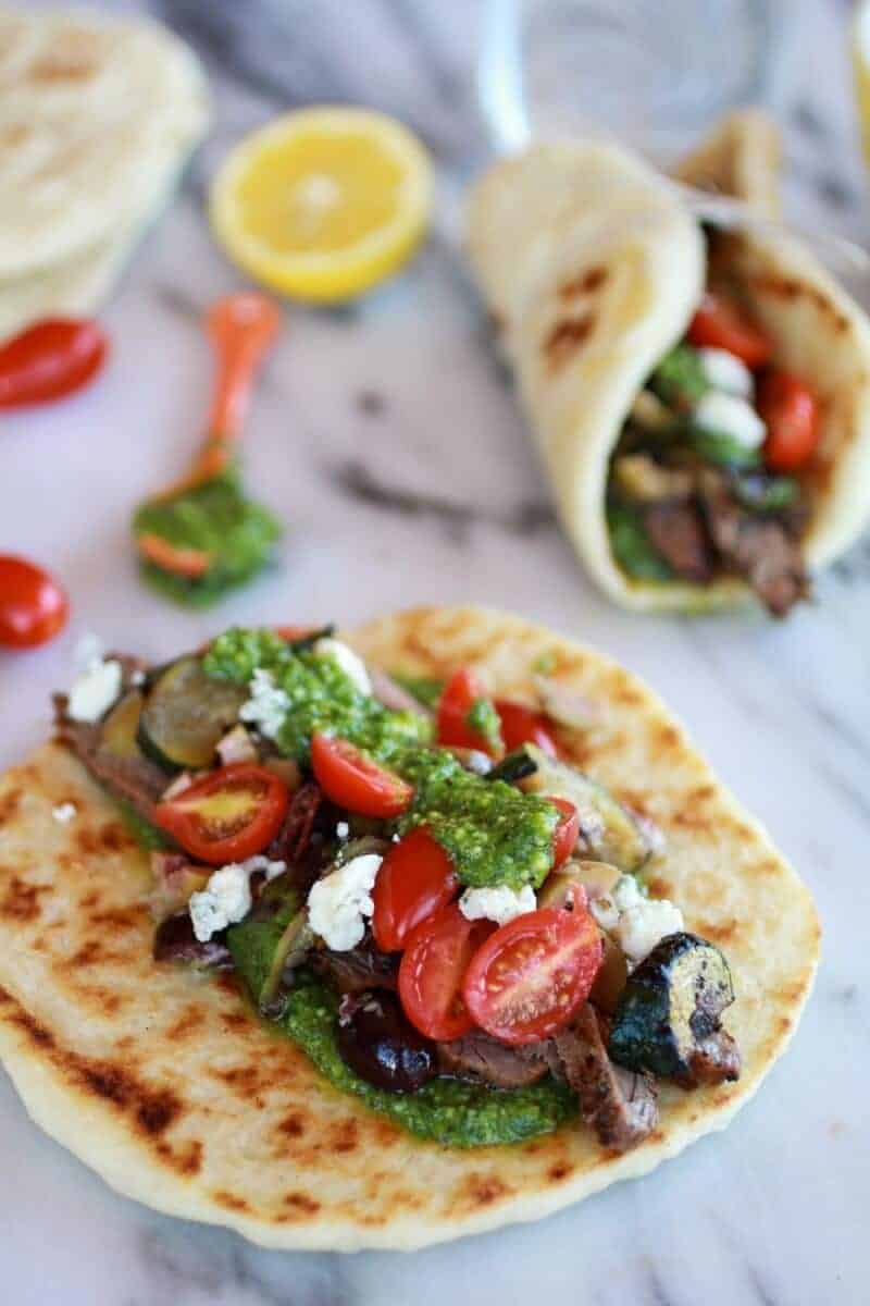 Greek Steak and Pesto Salad Gyros | https://www.halfbakedharvest.com/