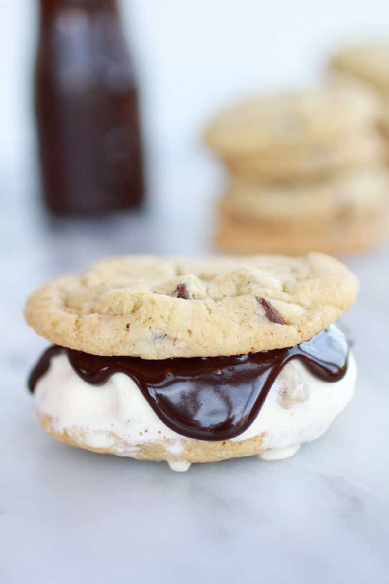 Hot Fudge Chocolate Chip Cookie Cookie Dough Ice Cream Sandwich | https://www.halfbakedharvest.com/
