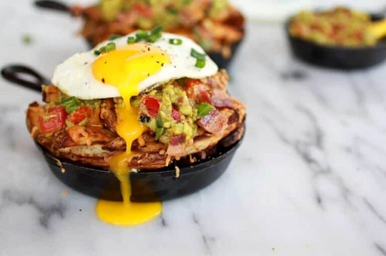 Cheesy Cajun Fries with Grilled Corn Guacamole, Bacon and Fried Eggs