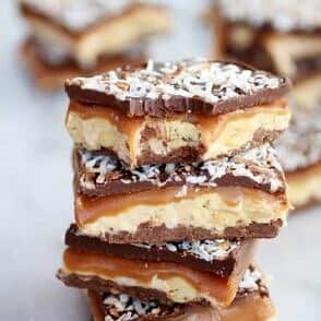 Toasted Coconut Caramel Peanut Butter Snickers Bars - Half Baked Harvest