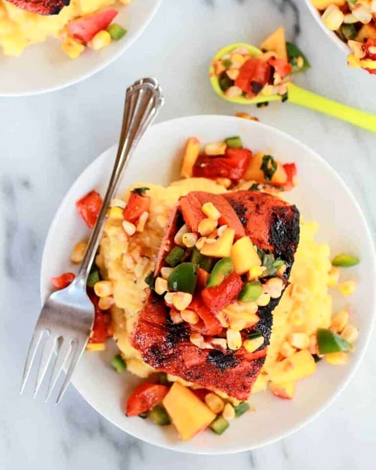 Blackened Salmon with Cheesy Polenta and Spicy Peach + Chard Corn Salsa