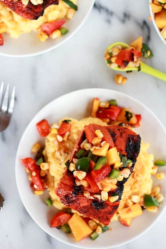 Blackened Salmon with Cheesy Polenta and Spicy Peach + Chard Corn Salsa