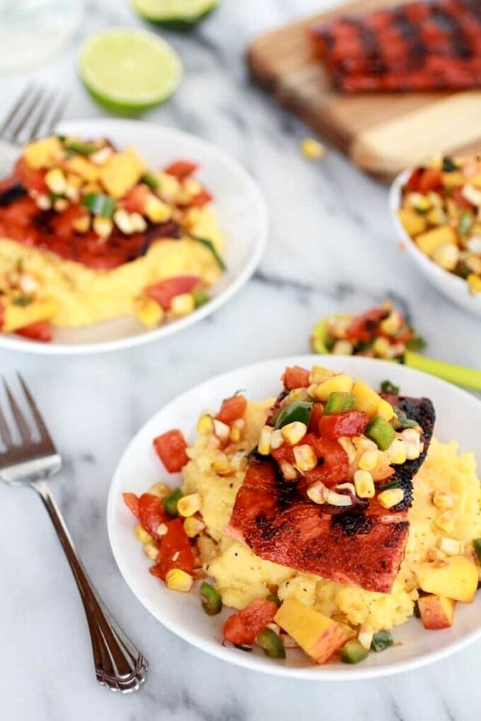 Blackened Salmon with Cheesy Polenta and Spicy Peach + Chard Corn Salsa