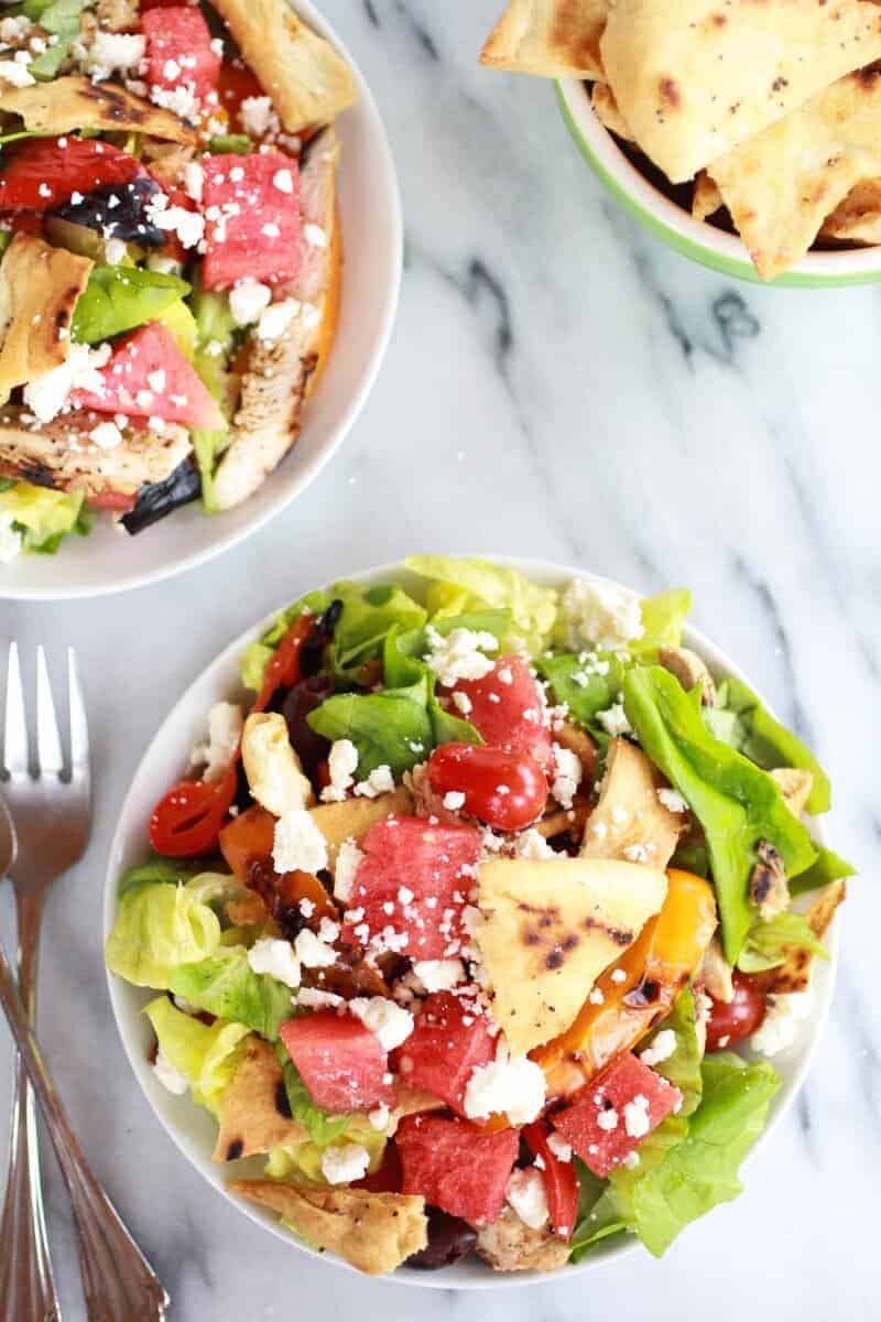 Chicken Gyro Salad with Homemade Pita Chips, Watermelon + Feta | halfbakedharvest.com