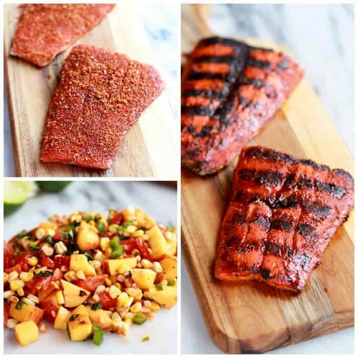 Blackened Salmon with Cheesy Polenta and Spicy Peach + Chard Corn Salsa