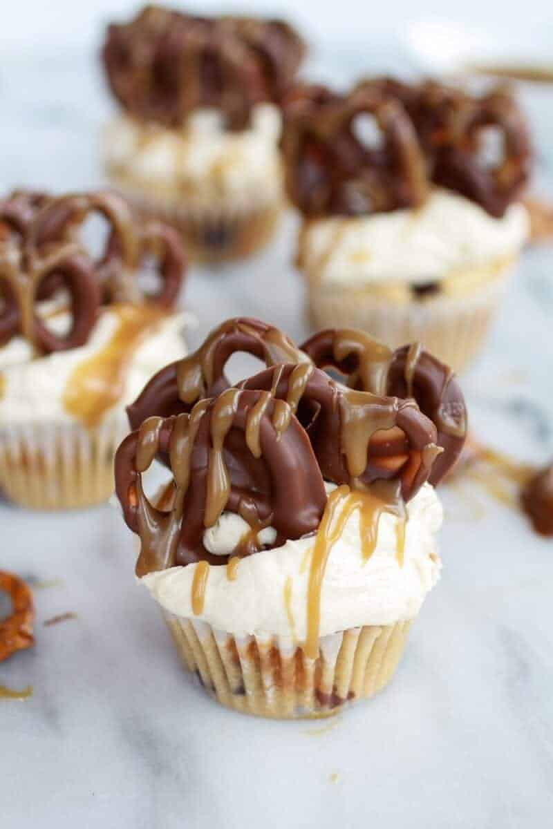 Chocolate Covered Pretzel Peanut Butter Cupcakes with Butterscotch Frosting | halfbakedharvest.com