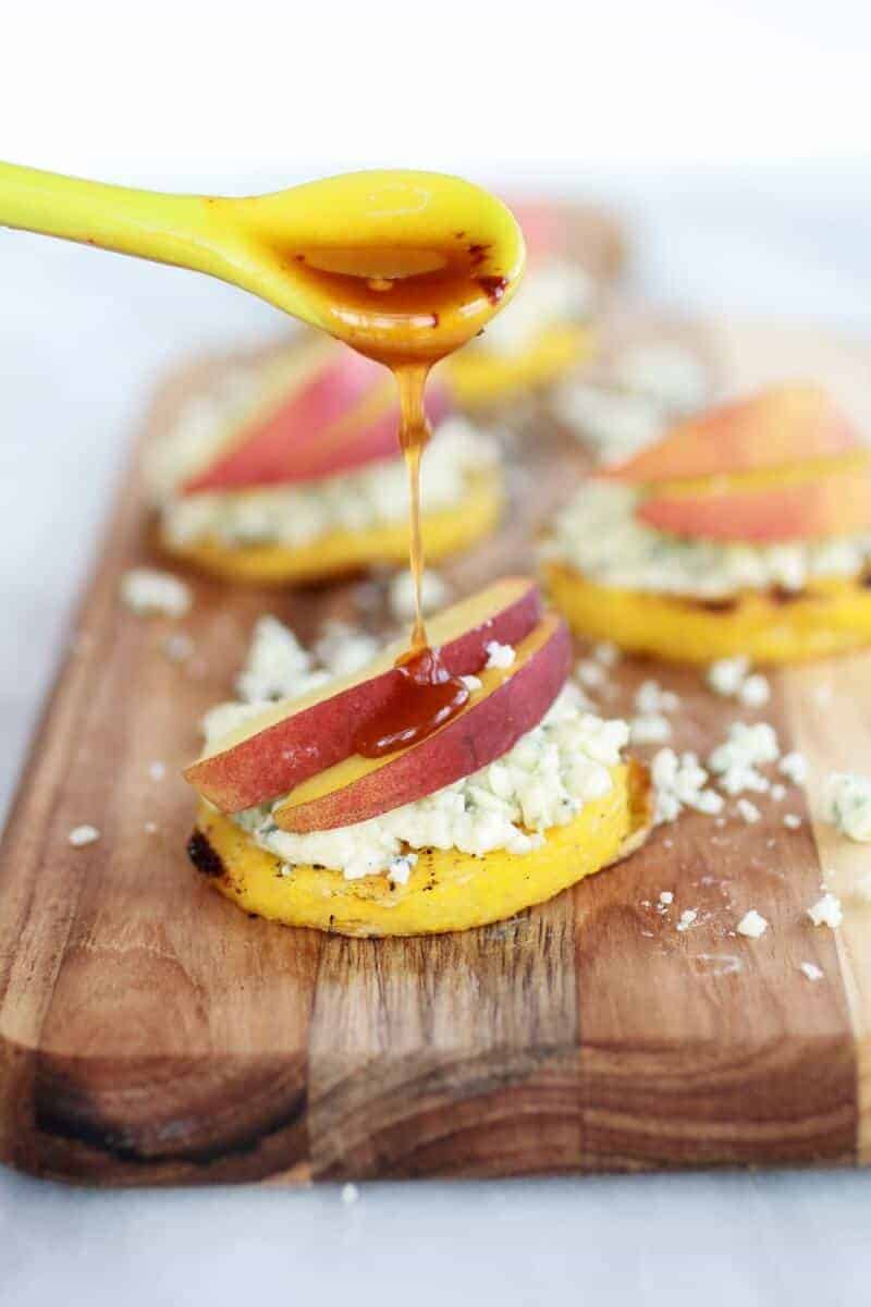 Peach and Gorgonzola Grilled Polenta Rounds with Chipotle Honey | .halfbakedharvest.com