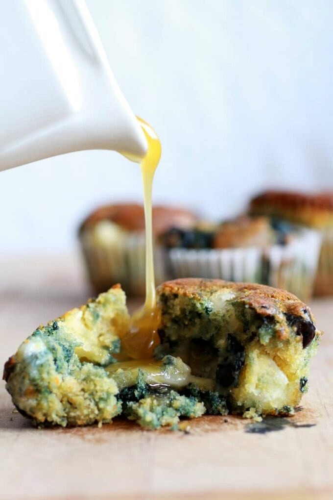 Roasted Blueberry and Brie Cornbread Muffins with Warm Honey Butter