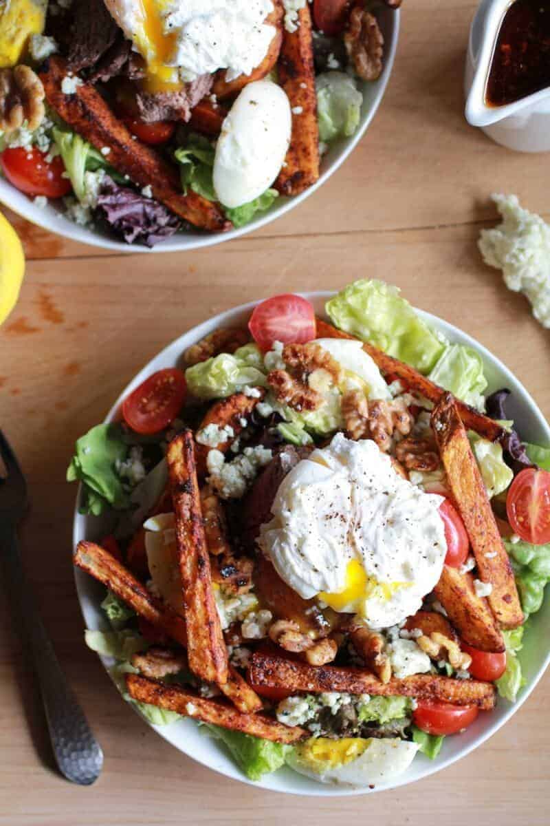 Steak and French Fry Salad with Blue Cheese Butter + Poached Eggs | halfbakedharvest.com