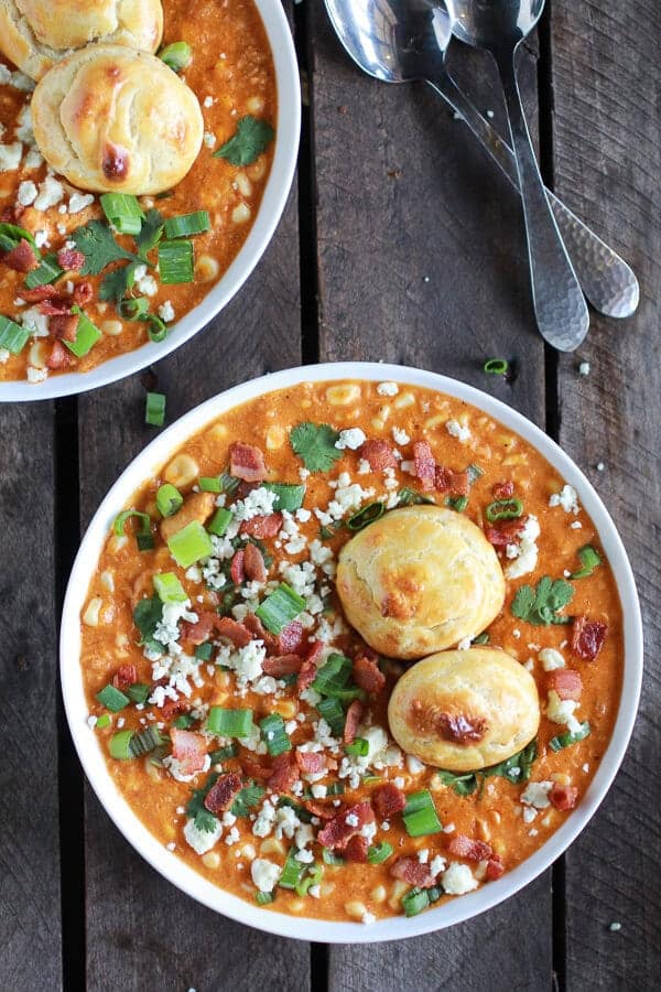 Buffalo Chicken Corn Chowder with Blue Cheese Gougères