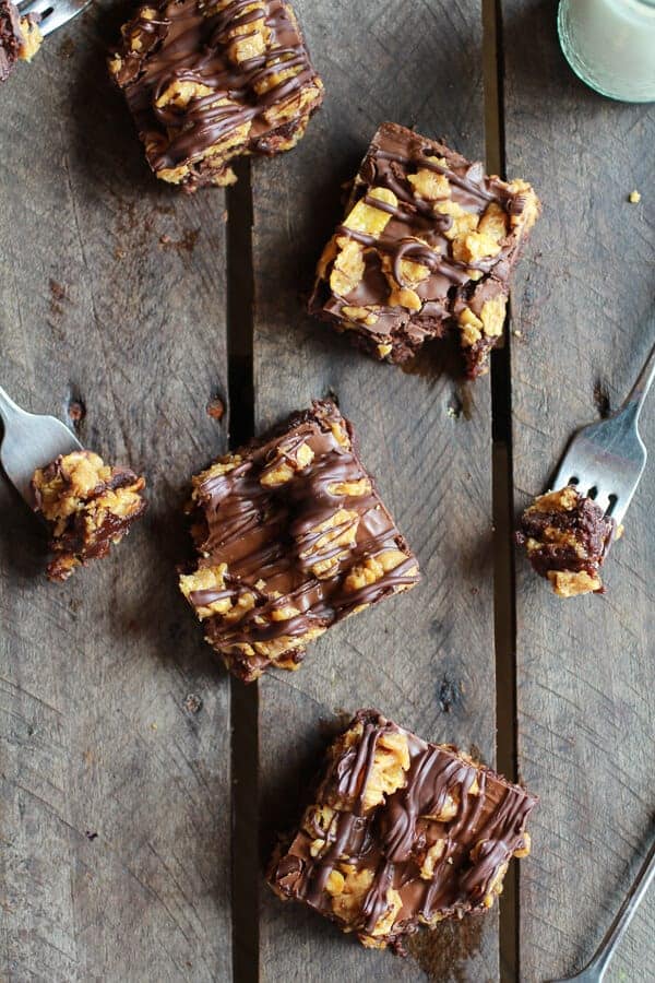 Chewy Chocolate Drenched Peanut Butter Cornflake Crunch Fudge Brownies | halfbakedharvest.com