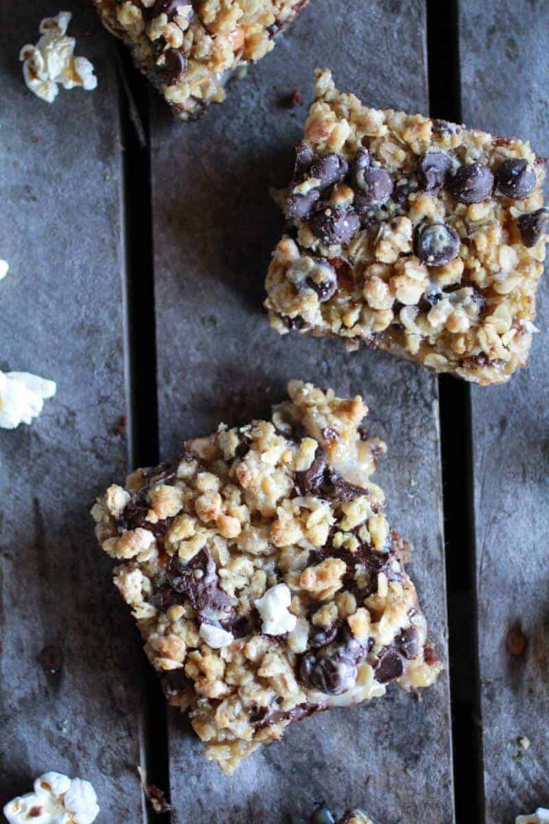 Fudge Brownie, Caramel, Popcorn + Oatmeal Cookie Crumble 7 Layer Bars | halfbakedharvest.com