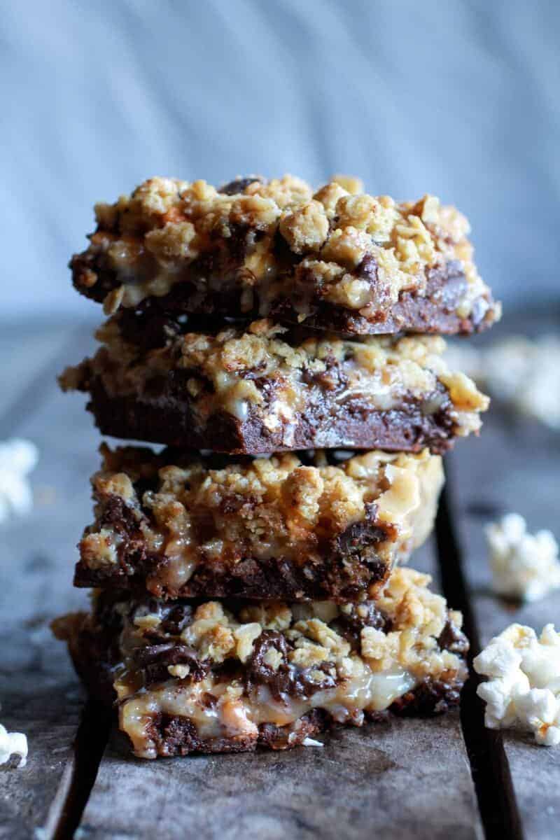 Fudge Brownie, Caramel, Popcorn + Oatmeal Cookie Crumble 7 Layer Bars | halfbakedharvest.com