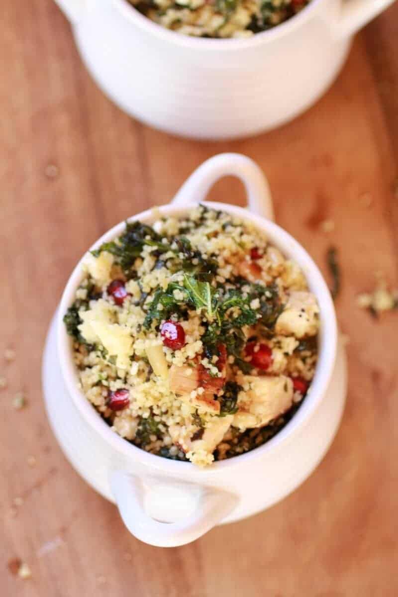 Crispy Kale Salad with Coucous Grilled Chicken and Pomegranates
