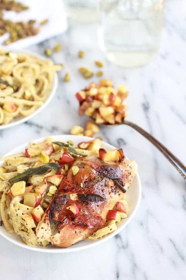 Crispy Prosciutto and Sage Wrapped Chicken with Creamy Pistachio Noodles | halfbakedharvest.com