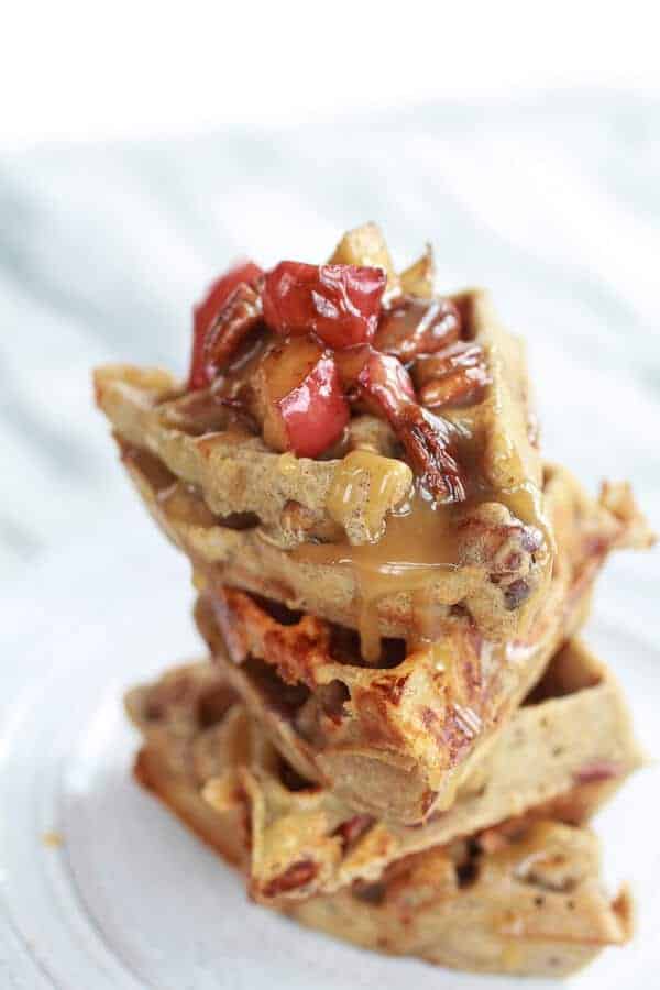 Roasted Apple Pecan and Brie Buckwheat Waffles with Bourbon Caramel Drizzle | halfbakedharvest.com