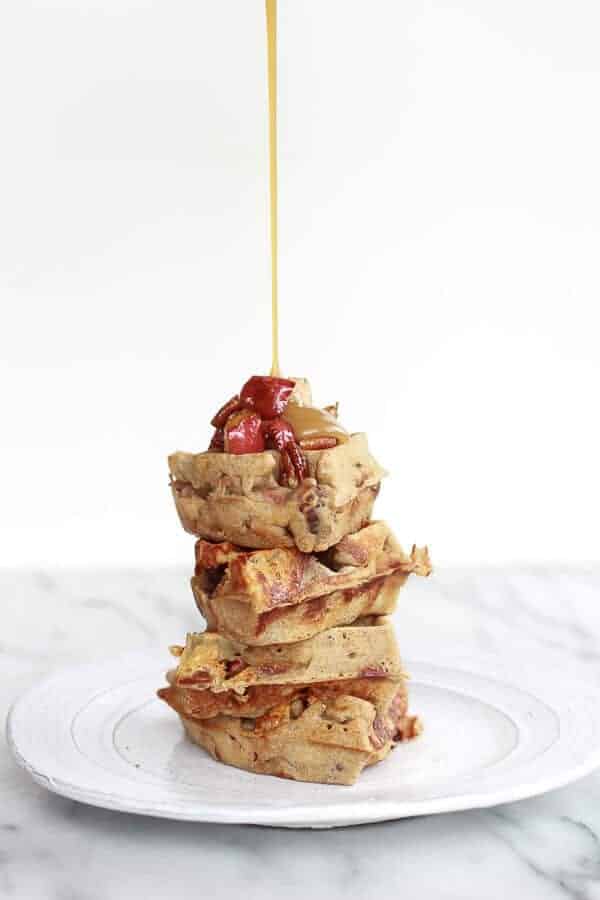 Roasted Apple Pecan and Brie Buckwheat Waffles with Bourbon Caramel Drizzle | halfbakedharvest.com