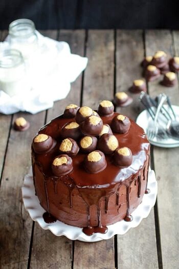 Ultimate Triple Layer Chocolate Bourbon Peanut Butter Buckeye Cake