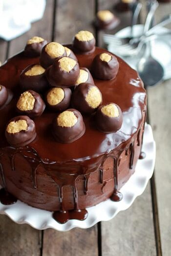Ultimate Triple Layer Chocolate Bourbon Peanut Butter Buckeye Cake