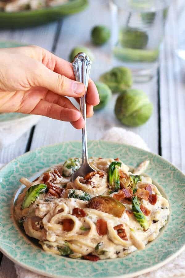 Caramelized Brussels Sprouts and Bacon Fettuccine Alfredo | halfbakedharvest.com