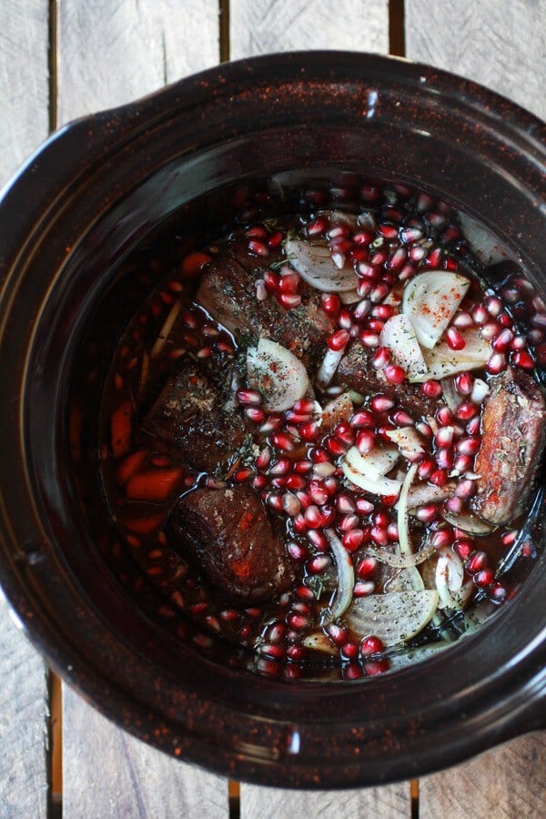 Crockpot Sweet and Sour Pomegranate Short Ribs with Creamy Polenta | halfbakedharvest.com