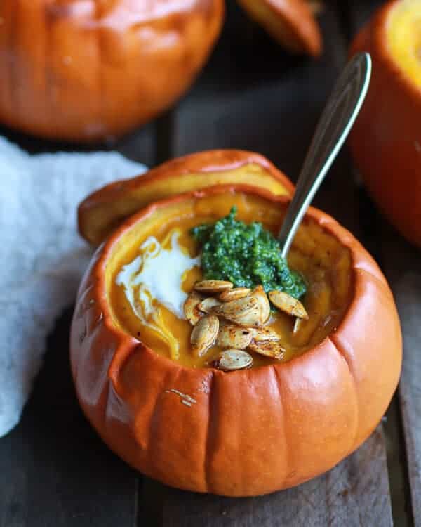 Roasted Garlic Sage Pesto Pumpkin Soup with Spicy Fried Pumpkin Seeds | halfbakedharvest.com