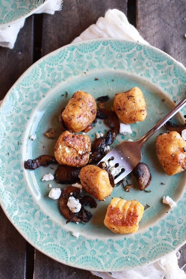 Crispy Brown Butter Sweet Potato Gnocchi with Balsamic Caramelized Mushrooms + Goat Cheese | halfbakedharvest.com