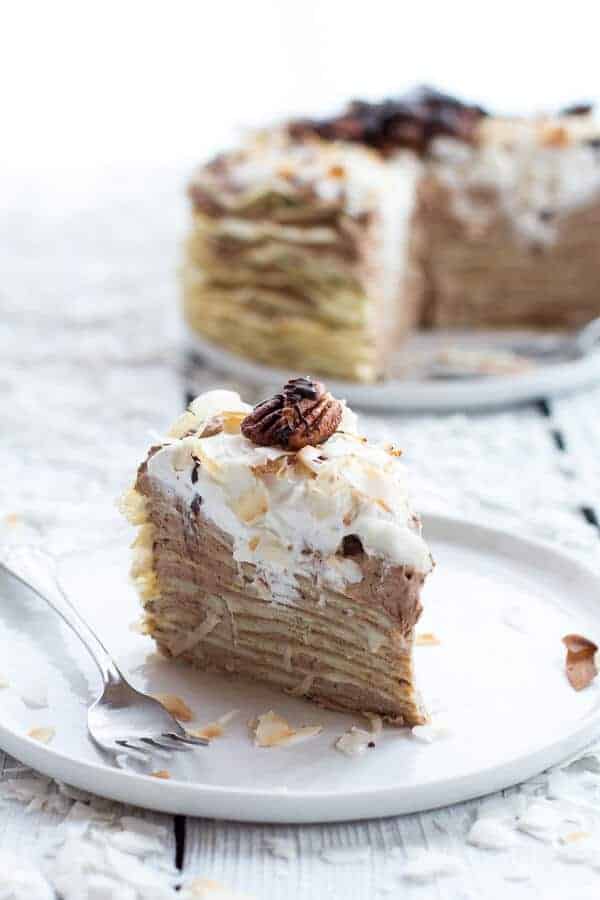 Toasted Coconut Cream Rum and Chocolate Mousse Crepe Cake | halfbakedharvest.com