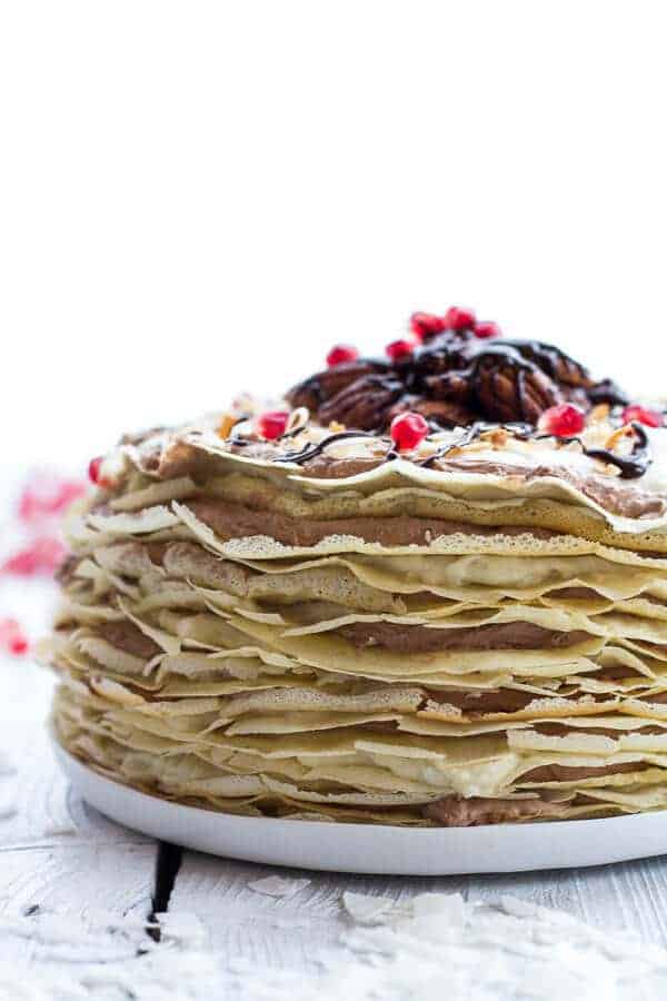 Toasted Coconut Cream Rum and Chocolate Mousse Crepe Cake | halfbakedharvest.com