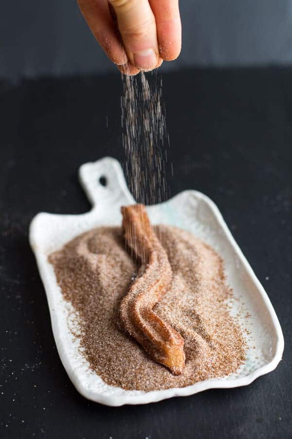 Mexican Beer Spiked Churros with Chocolate Dulce De Leche | halfbakedharvest.com