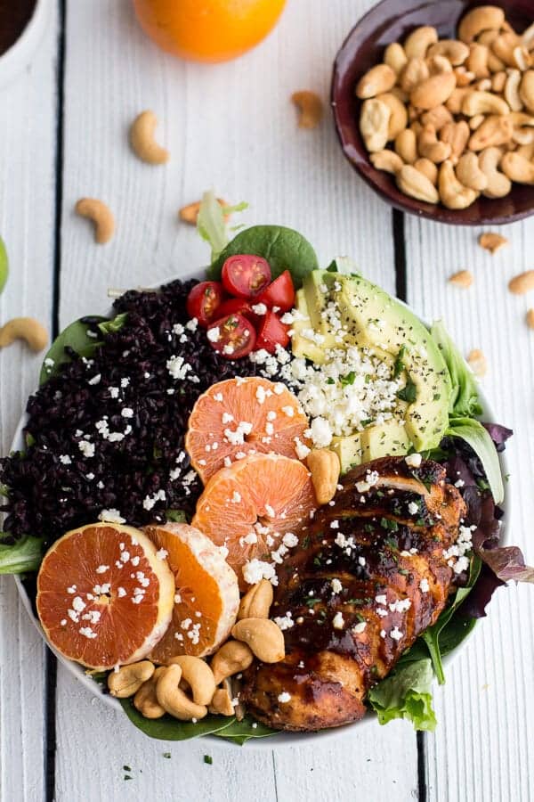 15 Super Bowl Recipes To Feel More Satisfied In Life - Black Rice Salad Bowls with Chipotle-Orange Chicken, Cashews, and Feta