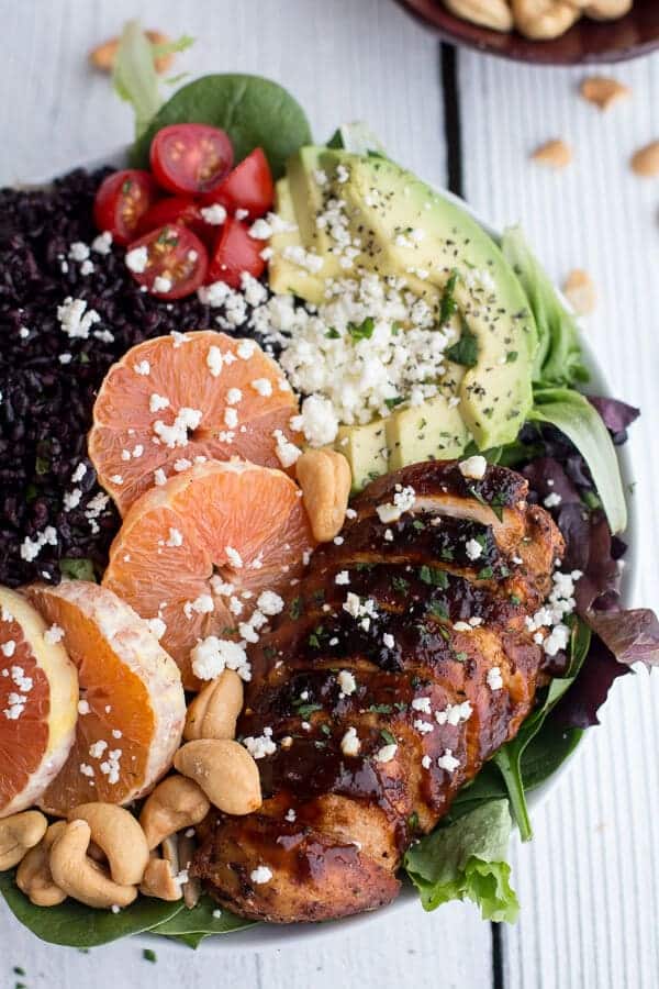 Black Rice Salad Bowls with Chipotle Orange Chicken, Cashews + Feta | halfbakedharvest.com