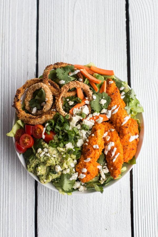 Buffalo Chicken + Blue Cheese Guacamole and Crunchy Baked Onion Ring Salad | halfbakedharvest.com