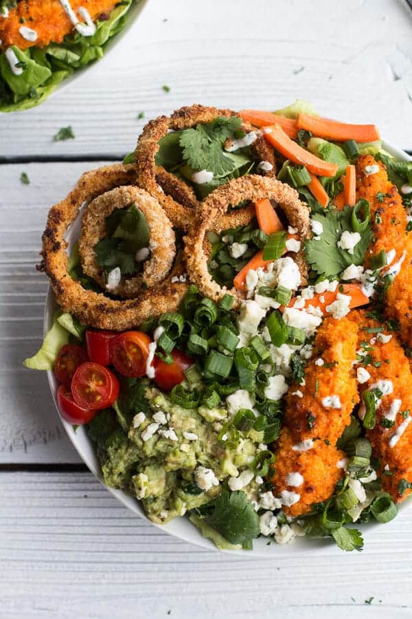 Buffalo Chicken + Blue Cheese Guacamole and Crunchy Baked Onion Ring Salad | halfbakedharvest.com