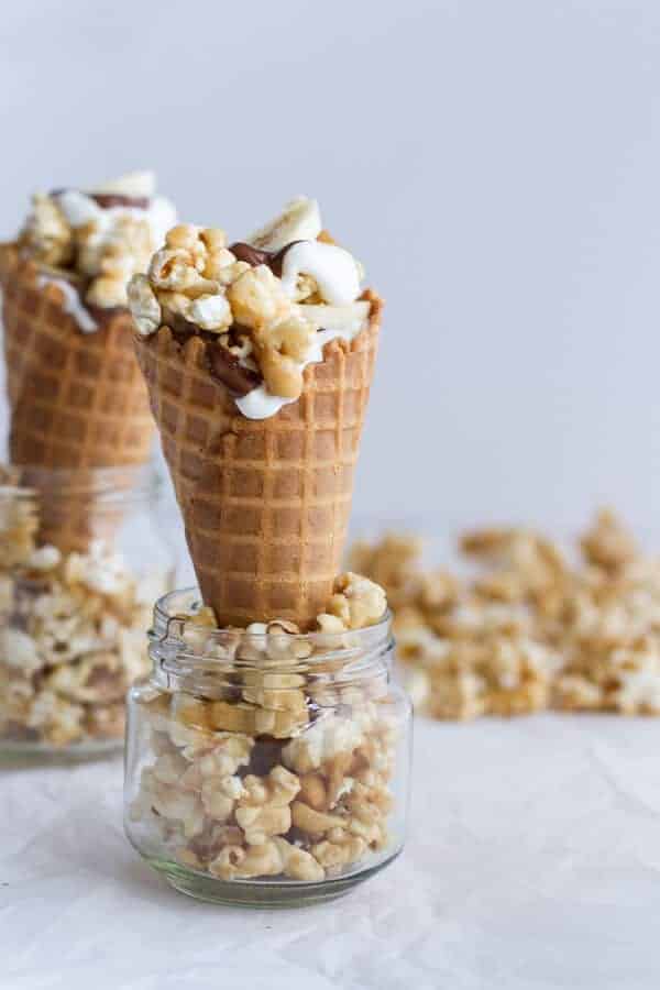 Banoffee + Nutella Greek Yogurt Waffle Cone Parfaits with Cashew Caramel Popcorn | halfbakedharvest.com