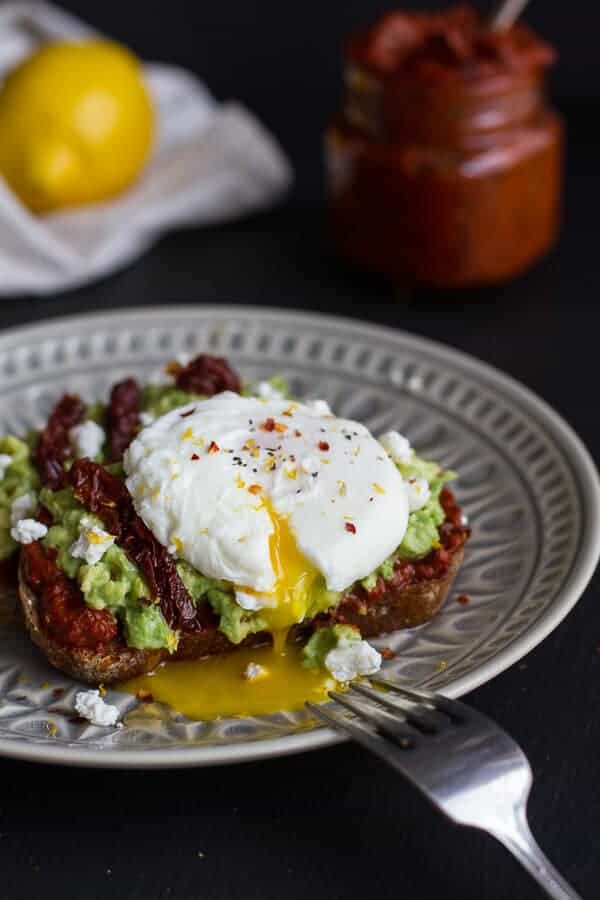Harissa, Smashed Avocado + Egg Toast with Goat Cheese and Honey Drizzle | halfbakedharvest.com