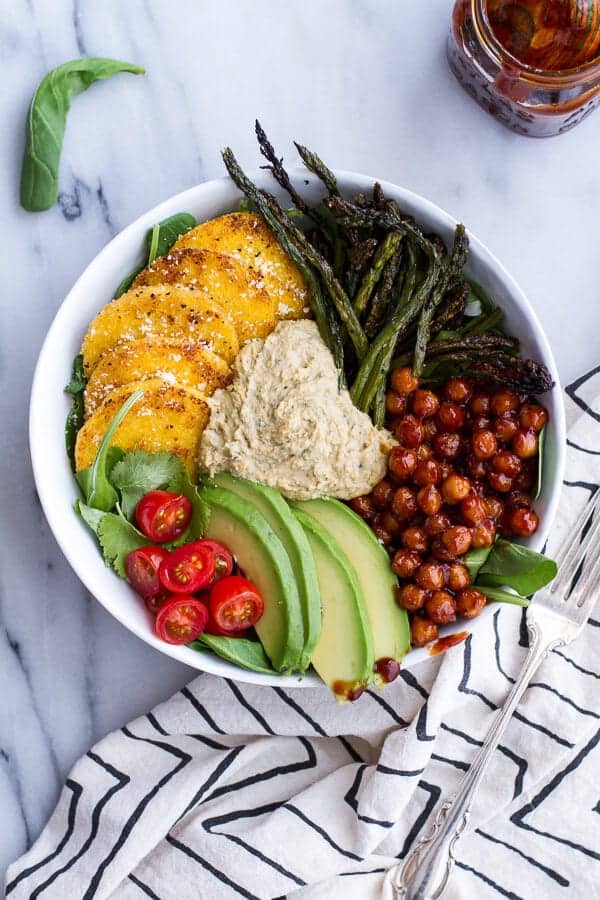 Spicy BBQ Chickpea and Crispy Polenta Bowls with Asparagus + Ranch Hummus.-9
