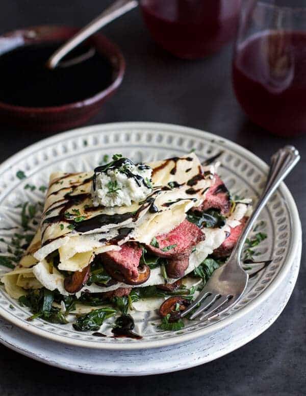 Steak, Spinach and Mushroom Crepes with Balsamic Glaze | halfbakedharvest.com