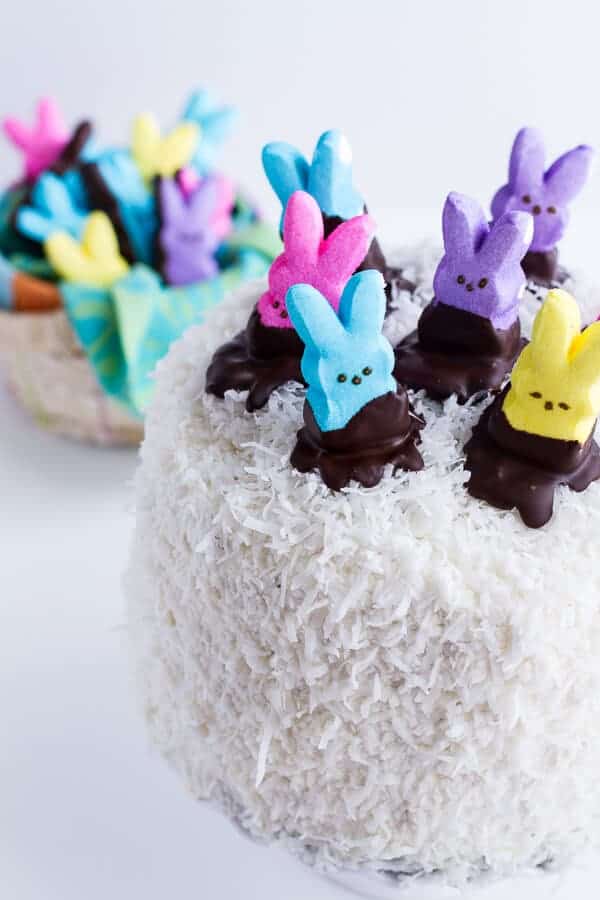 6-Layer (Or 3) Coconut Covered Chocolate Peeps Cake | halfbakedharvest.com